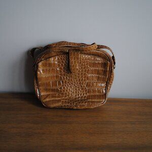 Vintage Genuine Leather Croc Embossed Crossbody Bag Beige/Tan Made in Korea